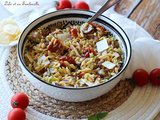 Salade d’orzo aux tomates confites & saucisses