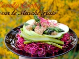 Salade d'asperges vertes et pomme Granny sur lit de pousses de betterave, sauce aux noix