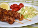 Brochettes de boeuf façon  souvlaki , salade de pâtes grecques au concombre et à la feta