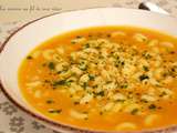 Potage de poireaux et carottes au parmesan et pâtes coquillettes