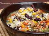 Soupe de risotto aux champignons, maïs et haricots rouges