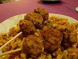 Brochette de boulettes épicées et Ebly aux choux de bruxelle