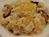 Risotto safrané au haddock, noix de St Jacques, gambas et moules