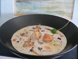 Trio de la mer à la crème de cerfeuil tubéreux , petits légumes et champignons des bois