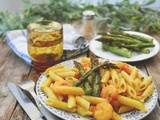 Pâtes asperges crevettes, sauce au curry