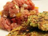 Galette de quinoa et courgette et tartare de boeuf