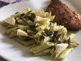 Penne au pesto, graines de courge, miettes de tomme noire des Pyrénées et sa limande panée