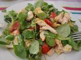 Salade de mâche, tomates et morceaux de poulet paprika-curcuma à l'huile et vinaigre de noix