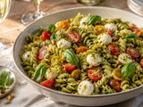 Salade de pates estivale au pesto, tomates cerises et mozzarella