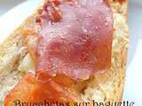 Brucchetas sur baguette tomates, fromage, jambon