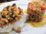 Crumble de cabillaud au chorizo, risotto d'orge aux poivrons