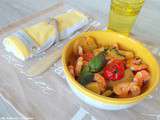 Crevettes sautées au basilic, pommes de terre et petites tomates (Shrimp sautéed with potatoes and cherry tomatoes and basil)