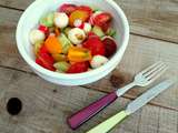 Salade de tomates cerises, mozzarella, radis, concombre (Salad of cherry tomatoes, mozzarella, radish, cucumber)