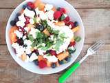 Salade melon, myrtilles, framboises, basilic et chèvre frais (Salad with melon, blueberries, raspberries, basil and fresh goat cheese)