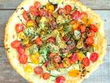 Tarte aux courgettes, tomates parmesan et basilic (Pie with zucchini, cherry tomatoes,Parmesan and basil)