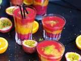 Smoothie bien frais au fruits rouges, mangue et fruit de la passion