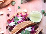 Tacos with chipotle roasted butternut squash, crispy black beans and roasted jalapeno and cashew crema // Tacos à la courge rôtie au piment chipotle, haricots noirs croustillants et crema aux noix de cajou et jalapeno grillé