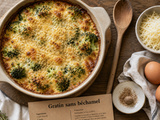 Gratin de brocolis sans béchamel fondant grâce à la crème, aux œufs et aux brocolis bien égouttés