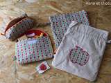 Kit Rentrée des classes » Pommes » pour une rentrée gaie et colorée ( pochon, trousse et pochette en coton)