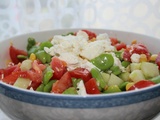 Salade de fève, tomate, fêta , concombre, mais