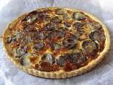 Tarte chorizo, aubergines confites et champignons