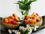 Salade melon, crevettes, tomates cerises, pomme, vinaigre balsamique, menthe et gingembre frais