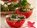 Soupe de pastèque glacée à la feta, basilic et menthe, filet de crème de balsamique