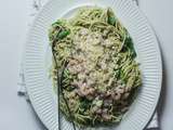 Pâtes de kamut aux légumes verts, au pesto de basilic et aux crevettes nordiques