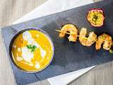 Velouté de patates douces et brochette de crevettes aux