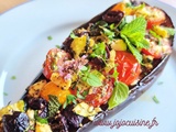 Aubergine farçie aux Tomates Cerises, Olives de Kalamata et Féta