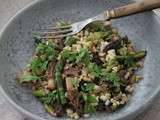 Orge perlé sauté aux morilles , asperges vertes et ail des ours