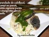 Brandade de cabillaud, scampi au pavot, petits oignons panés et vinaigrette citron-basilic