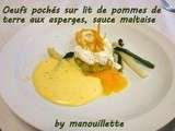 Oeufs pochés sur lit de pommes de terre aux asperges, sauce maltaise