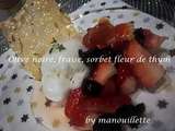 Olive noire, fraise, sorbet fleur de thym