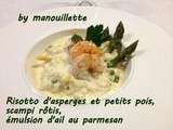 Risotto d'asperges et petits pois, scampi rôtis et émulsion d'ail au parmesan