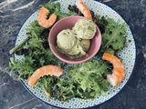 Salade de brocolis violets, wazabino, crevettes et sorbet à l’avocat