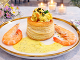 Bouchée vol au vent au Colombo de crevettes roses au lait de coco / riz/spiruline