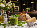 Pesto menthe , huile d'olive, parmesan, échalotes