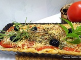 Tarte à la tomate, moutarde, ail noir, emmental et herbes de Provence