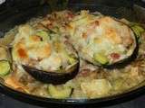 Aubergines farcies au saumon-colin-lardons et courgette