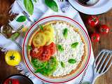 Tarte à la brousse de brebis, basilic et tomates anciennes