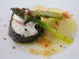 Cabillaud à l'algue nori, beurre au yuzu et à l'échalote, asperges vertes