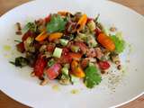 Salade d'aubergines, tomates, concombre, citron et tahini