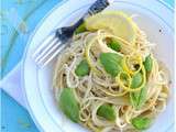 Spaghettis au cream cheese, citron, basilic et fèves