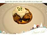 Boudin blanc forestier, crème aillée persillée sur un disque sablé