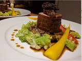 Pavé de filet mignon sur nid de champignons, morilles crémés, Romanesco et carottes vapeur