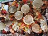 Barquette de filet de cabillaud et crevettes, aux deux citrons et petits légumes