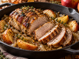 Ce rôti de porc dore au milieu des pommes dans un jus de cidre à la moutarde