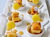 Bouchées de crêpes à l'ananas tiède vanillé, caramel de cidre