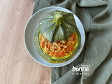 Courgette ronde farcie aux pst, à l’orzo et aux petits légumes {protéines de soja texturées}